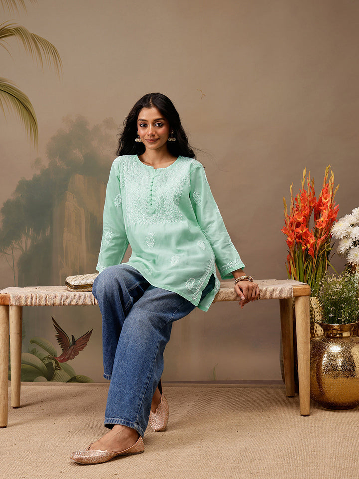 Sea Green Cotton 100% Original Chikankari Tunic Top