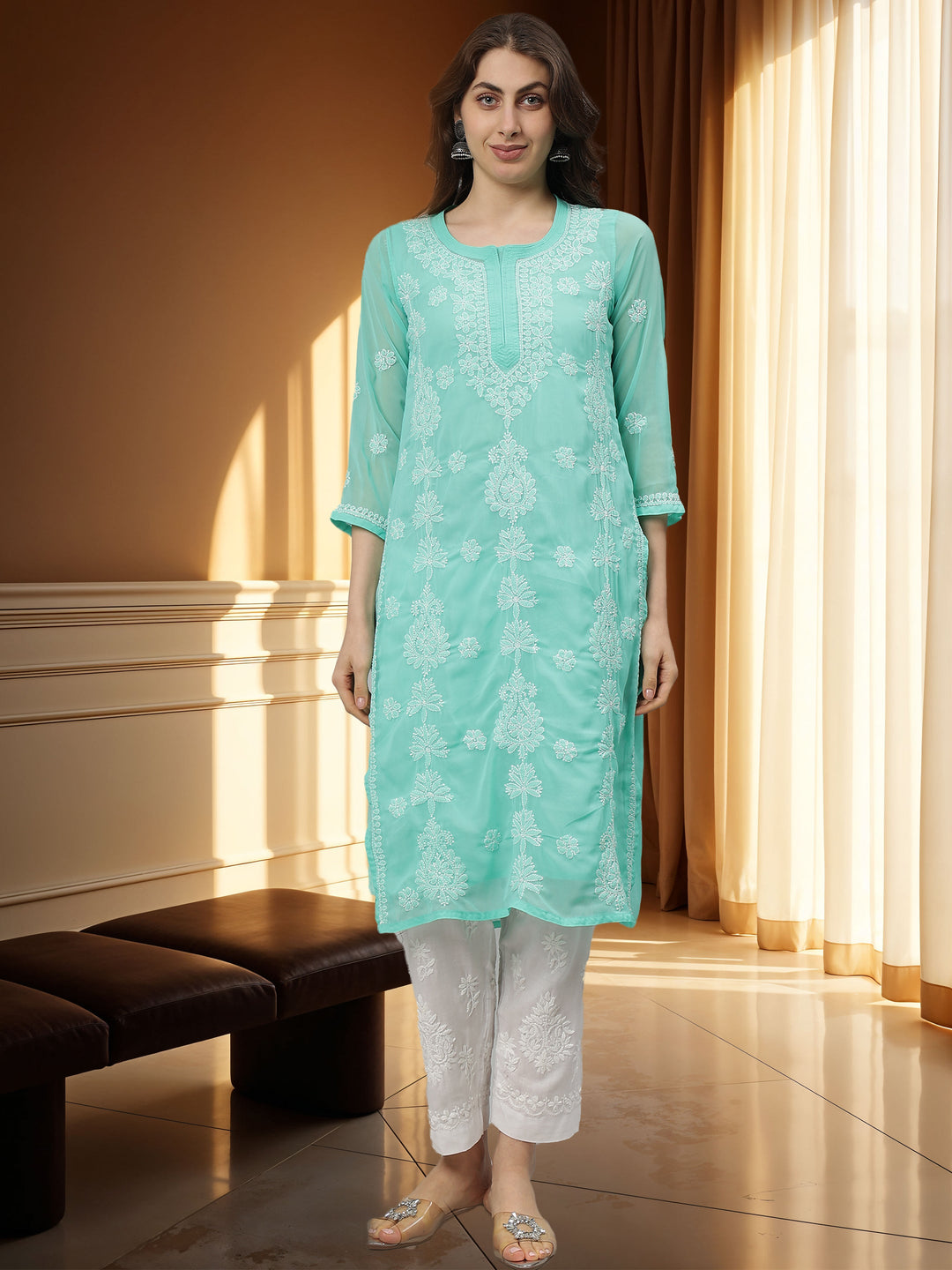Sea-Green-Georgette-Embroidered-Chikankari-Kurta-With-Slip