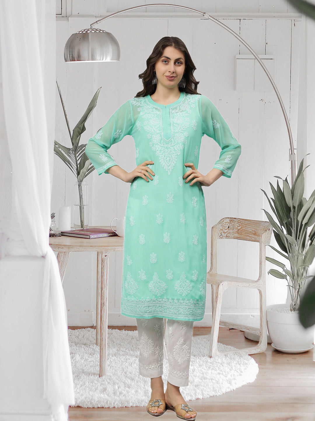 Sea-Green-Georgette-Hand-Embroidered-Chikankari-Kurta-With-Slip