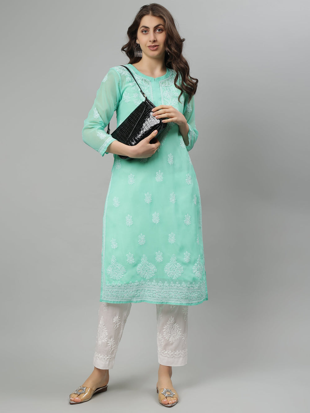 Sea-Green-Georgette-Hand-Embroidered-Chikankari-Kurta-With-Slip