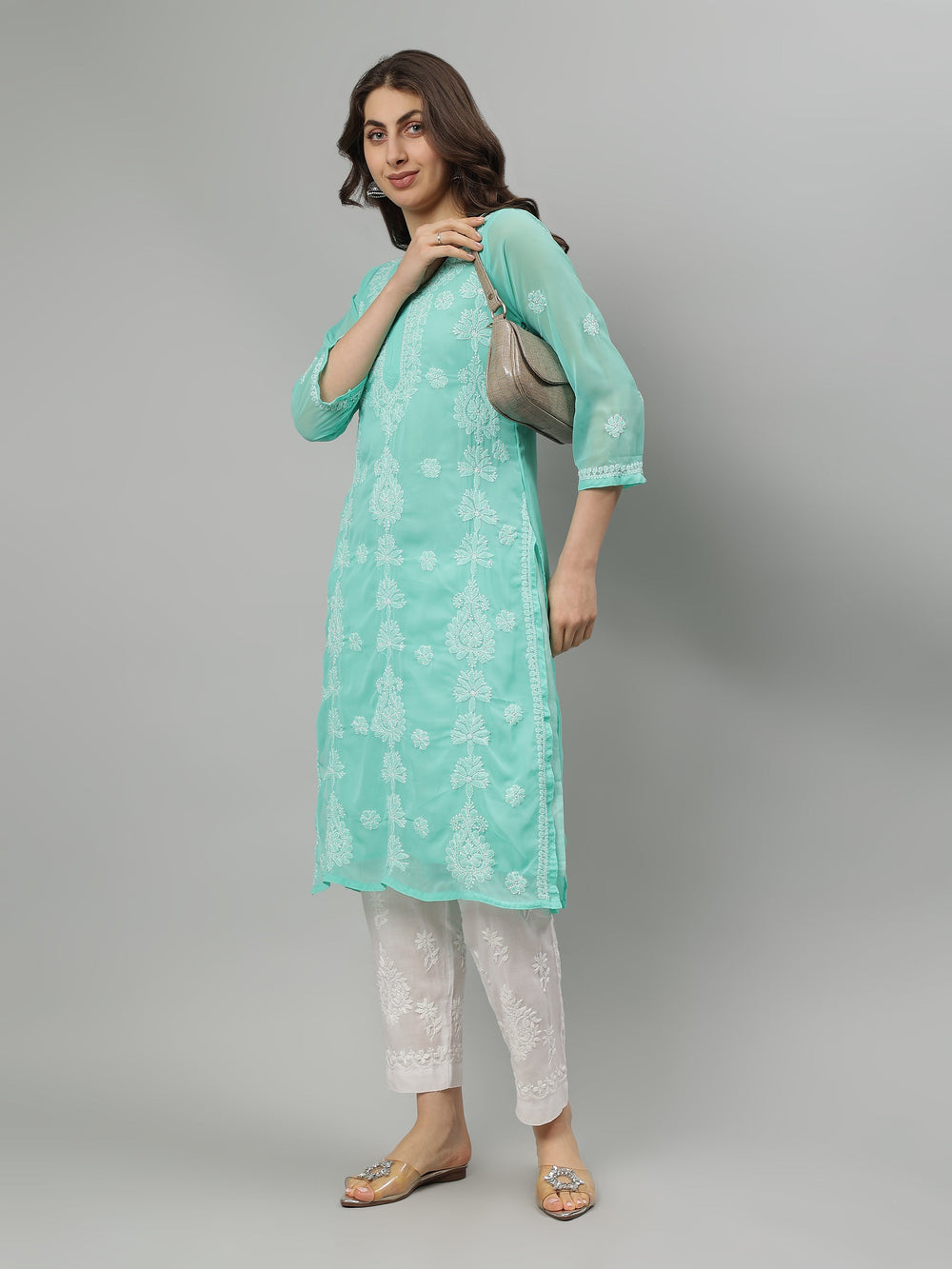 Sea-Green-Georgette-Embroidered-Chikankari-Kurta-With-Slip