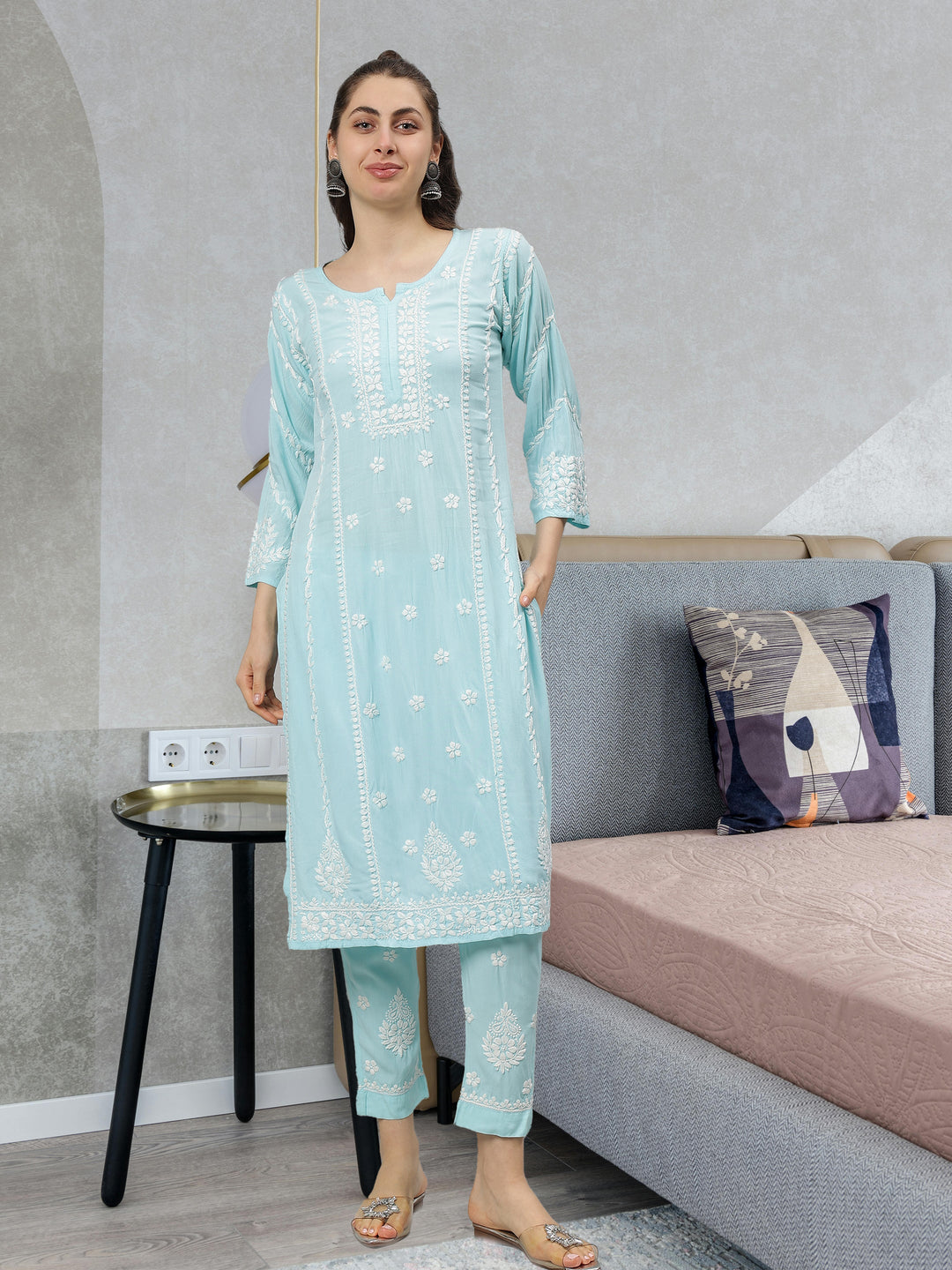 Sea-Green-Rayon-Lucknowi-Chikankari-Kurta-with-Pant-Set