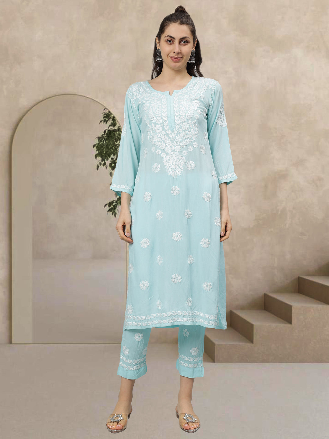 Sea-Blue-Rayon-Lucknowi-Chikankari-Kurta-with-Pant-Set