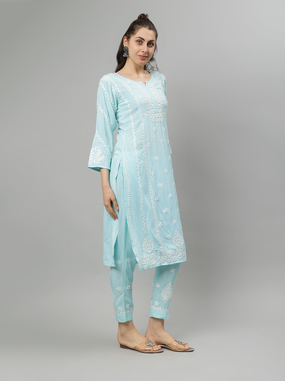 Sea-Green-Rayon-Lucknowi-Chikankari-Kurta-with-Pant-Set