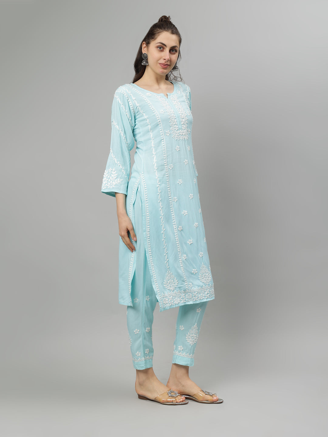 Sea-Green-Rayon-Lucknowi-Chikankari-Kurta-with-Pant-Set