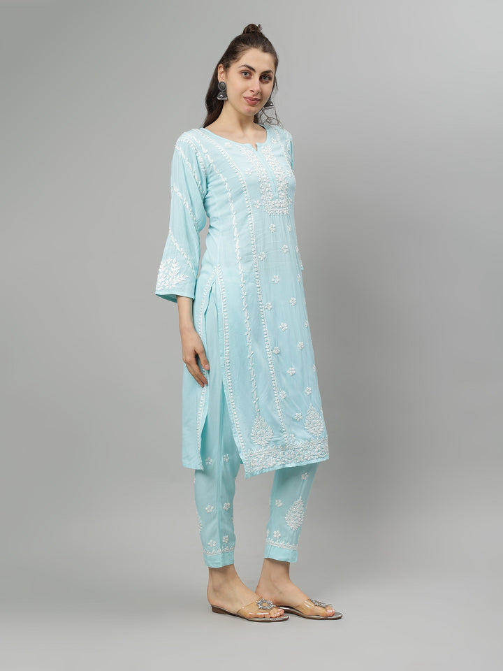 Sea-Green-Rayon-Lucknowi-Chikankari-Kurta-with-Pant-Set