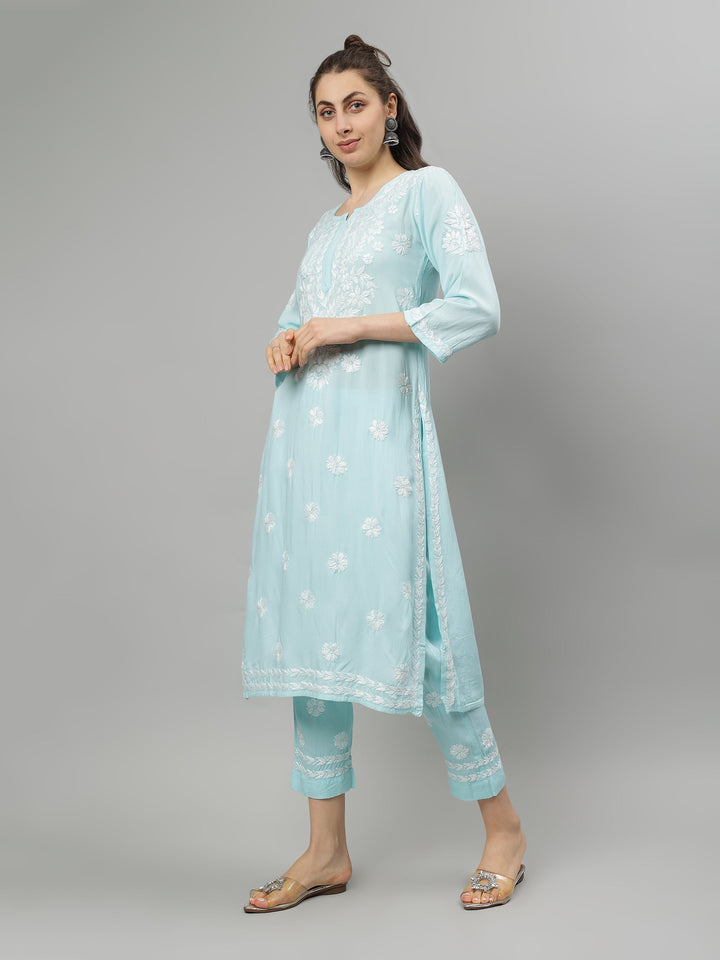 Sea-Blue-Rayon-Lucknowi-Chikankari-Kurta-with-Pant-Set