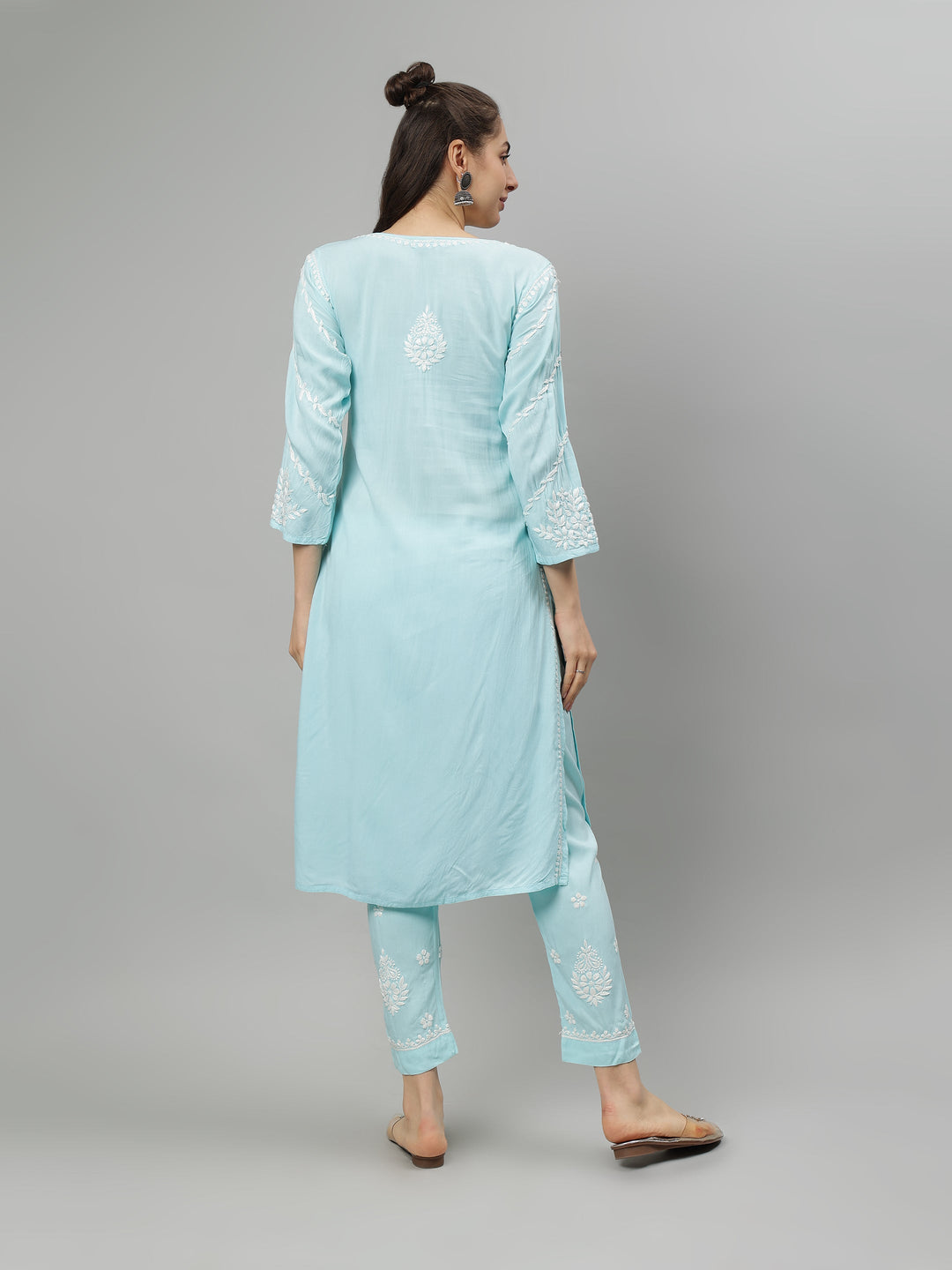Sea-Green-Rayon-Lucknowi-Chikankari-Kurta-with-Pant-Set