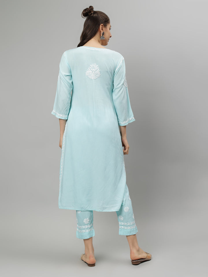 Sea-Blue-Rayon-Lucknowi-Chikankari-Kurta-with-Pant-Set