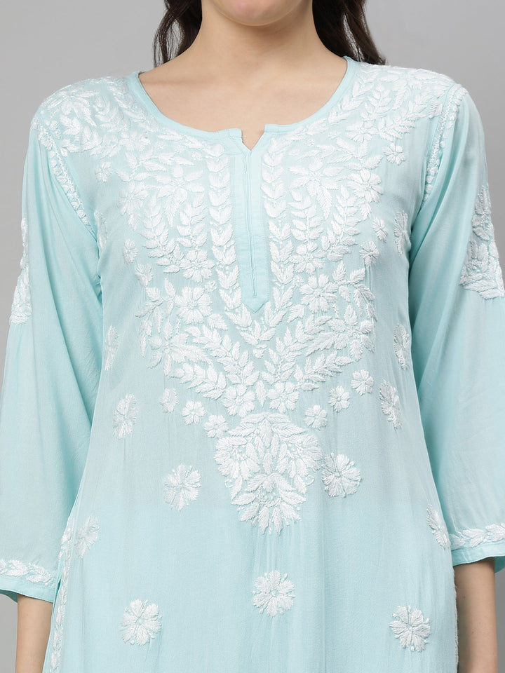 Sea-Blue-Rayon-Lucknowi-Chikankari-Kurta-with-Pant-Set