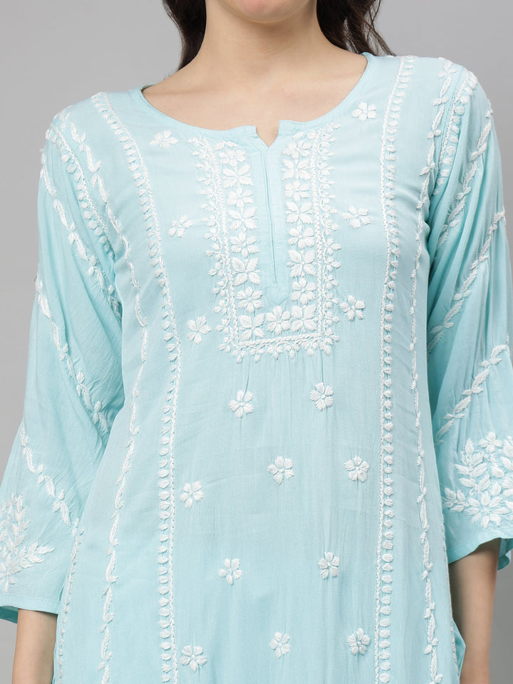 Sea-Green-Rayon-Lucknowi-Chikankari-Kurta-with-Pant-Set