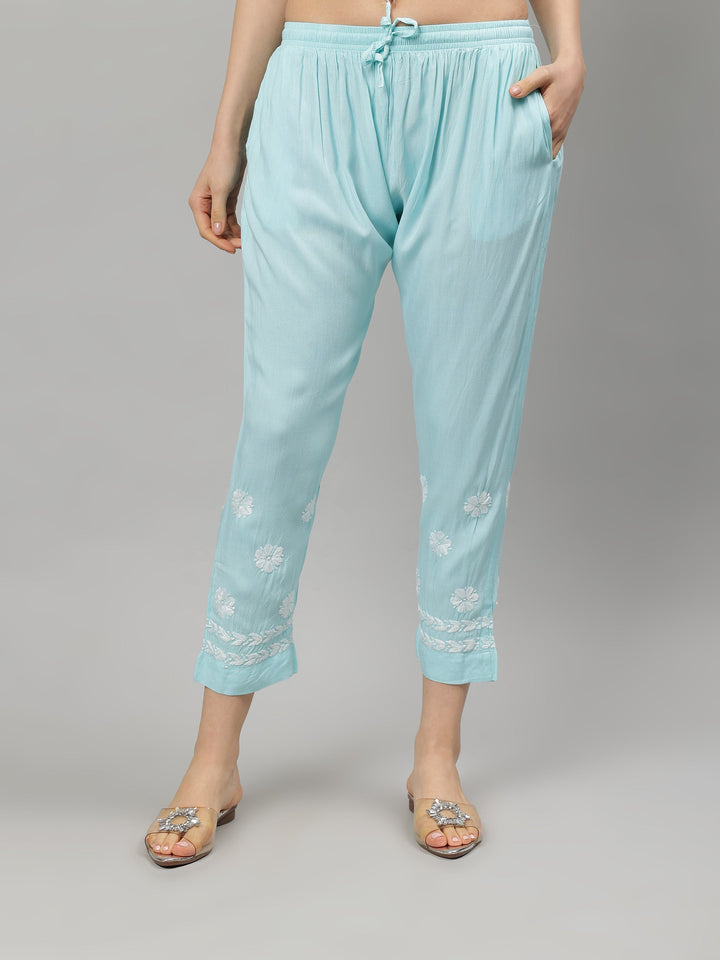 Sea-Blue-Rayon-Lucknowi-Chikankari-Kurta-with-Pant-Set