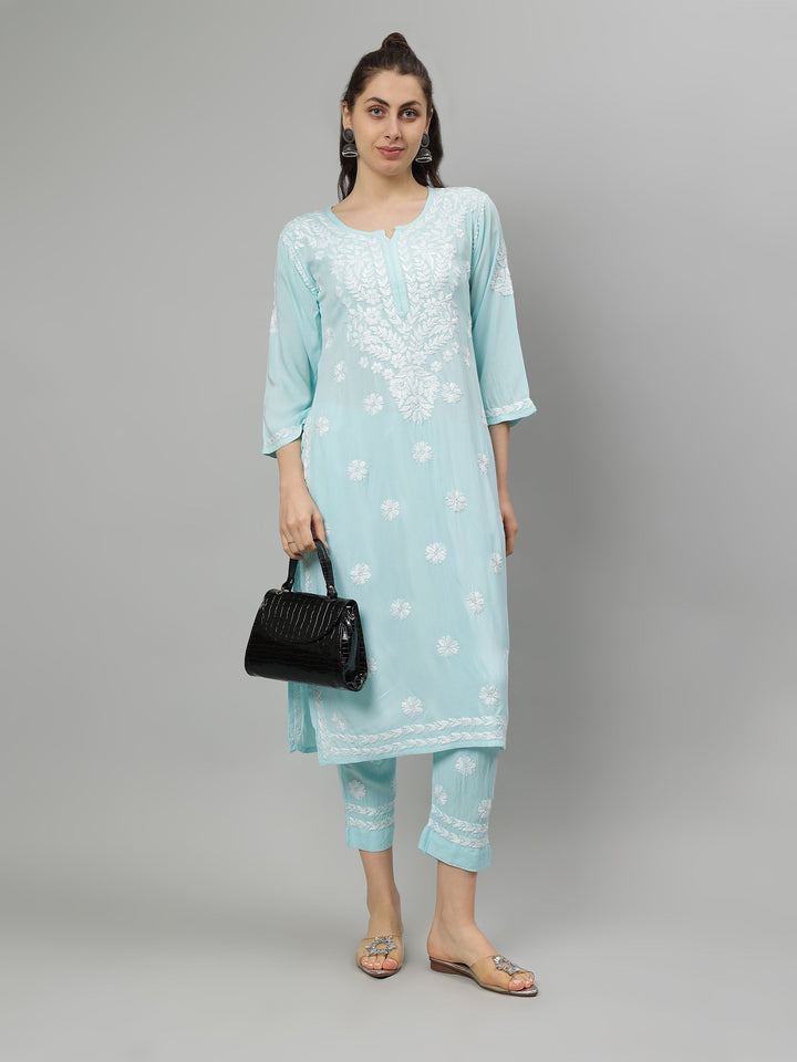 Sea-Blue-Rayon-Lucknowi-Chikankari-Kurta-with-Pant-Set