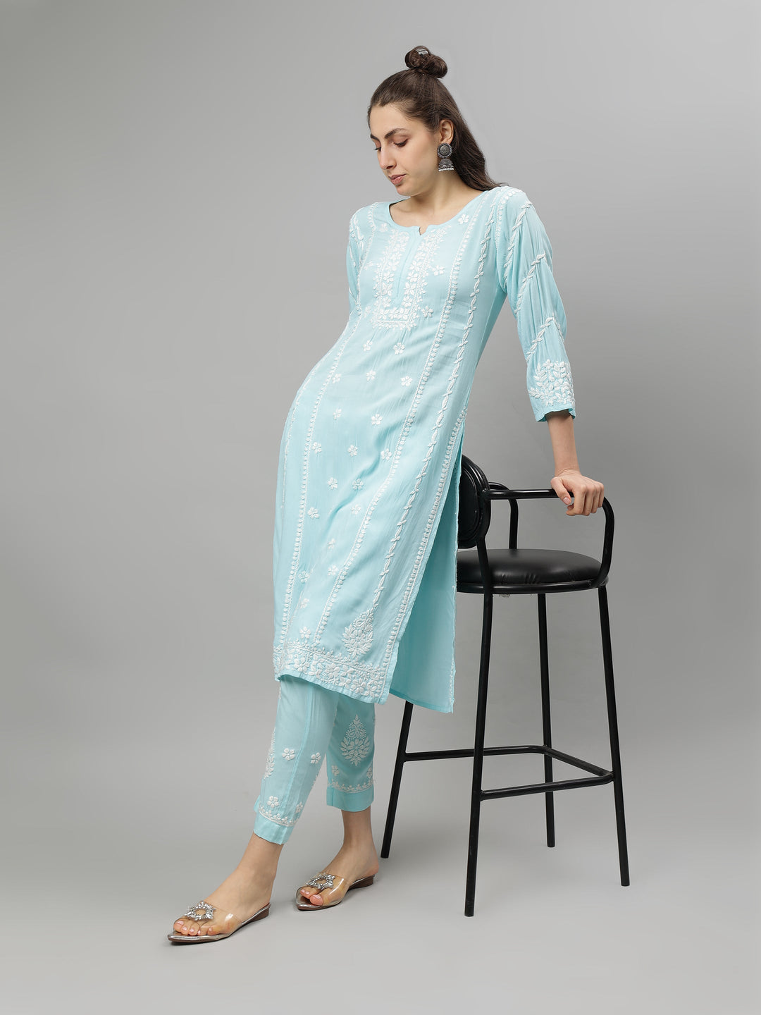 Sea-Green-Rayon-Lucknowi-Chikankari-Kurta-with-Pant-Set