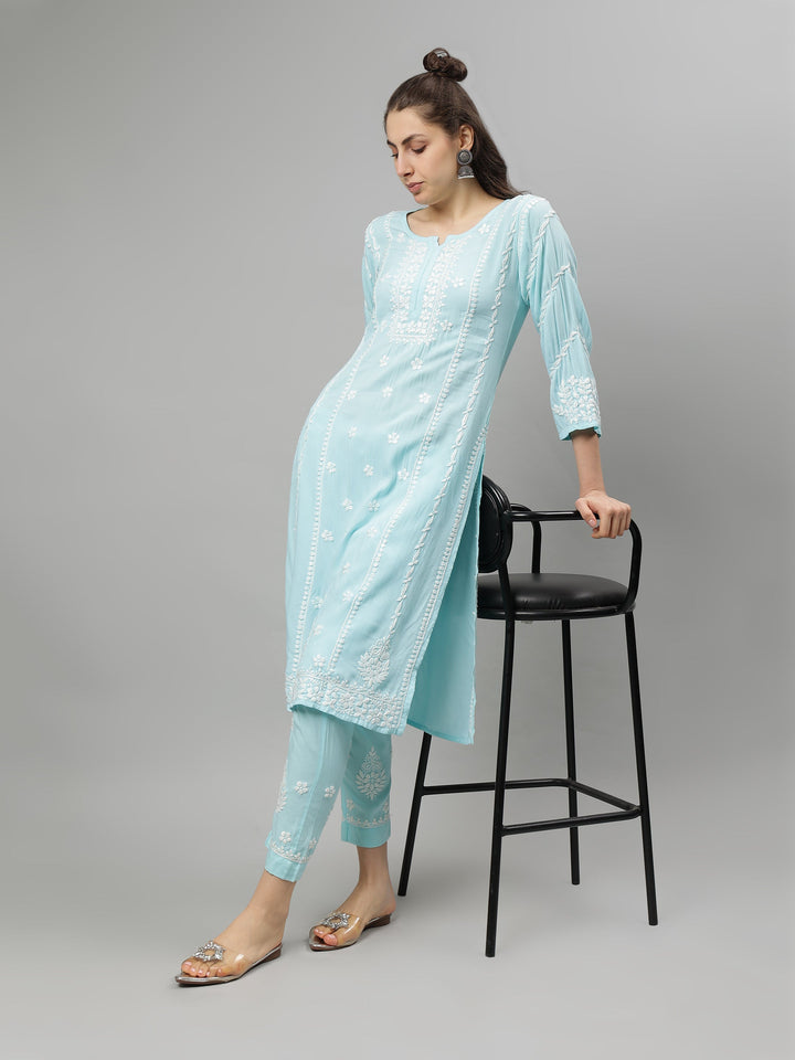 Sea-Green-Rayon-Lucknowi-Chikankari-Kurta-with-Pant-Set