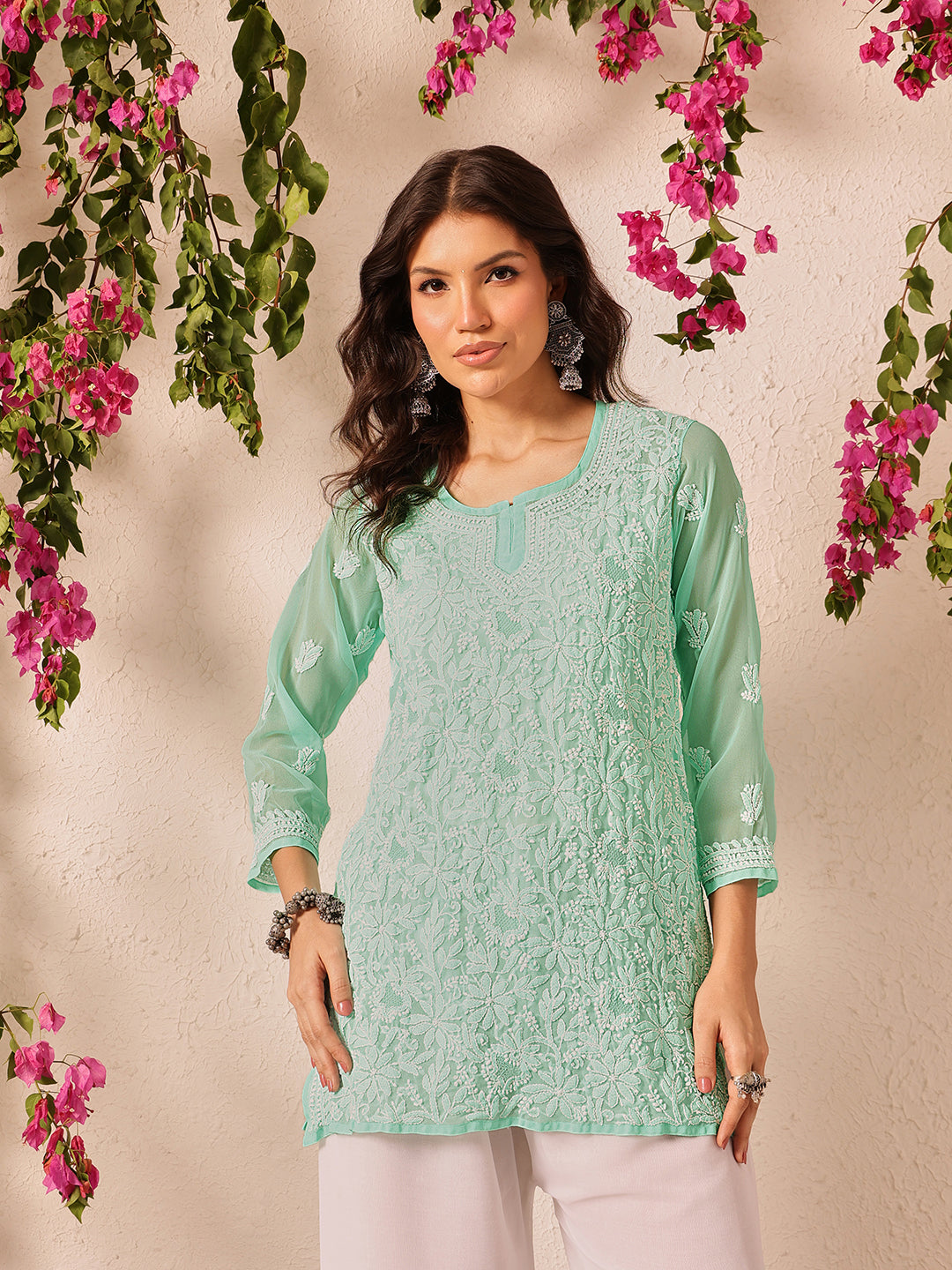 Sea-green-Poly-Georgette-Lucknowi-Chikankari-Short-Kurta-ONLY