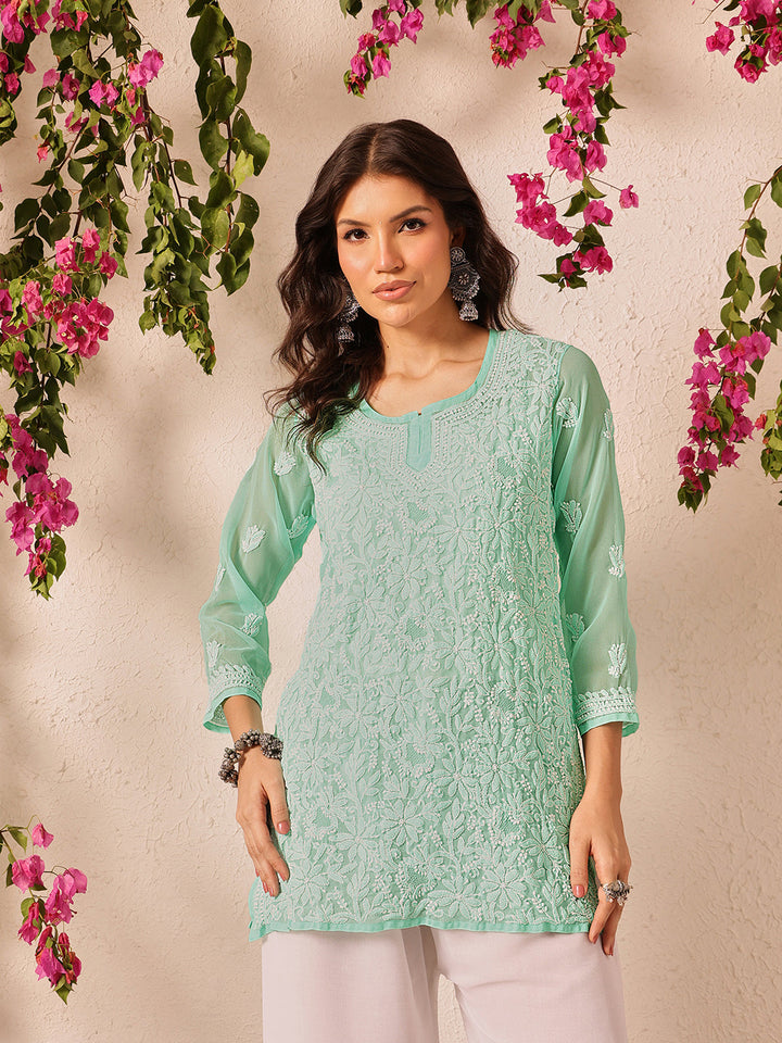 Sea-green-Poly-Georgette-Lucknowi-Chikankari-Short-Kurta-ONLY