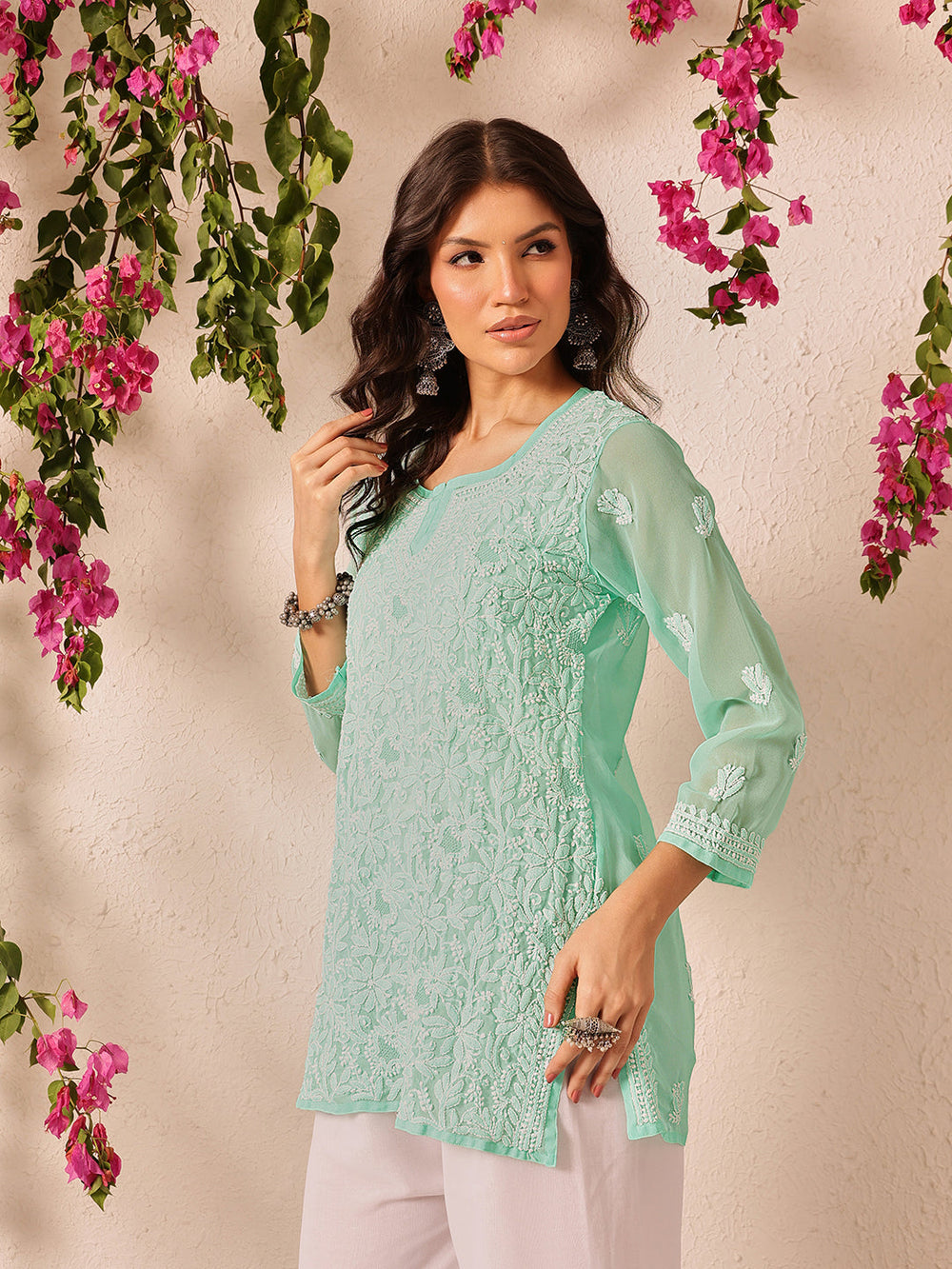 Sea-green-Poly-Georgette-Lucknowi-Chikankari-Short-Kurta-ONLY