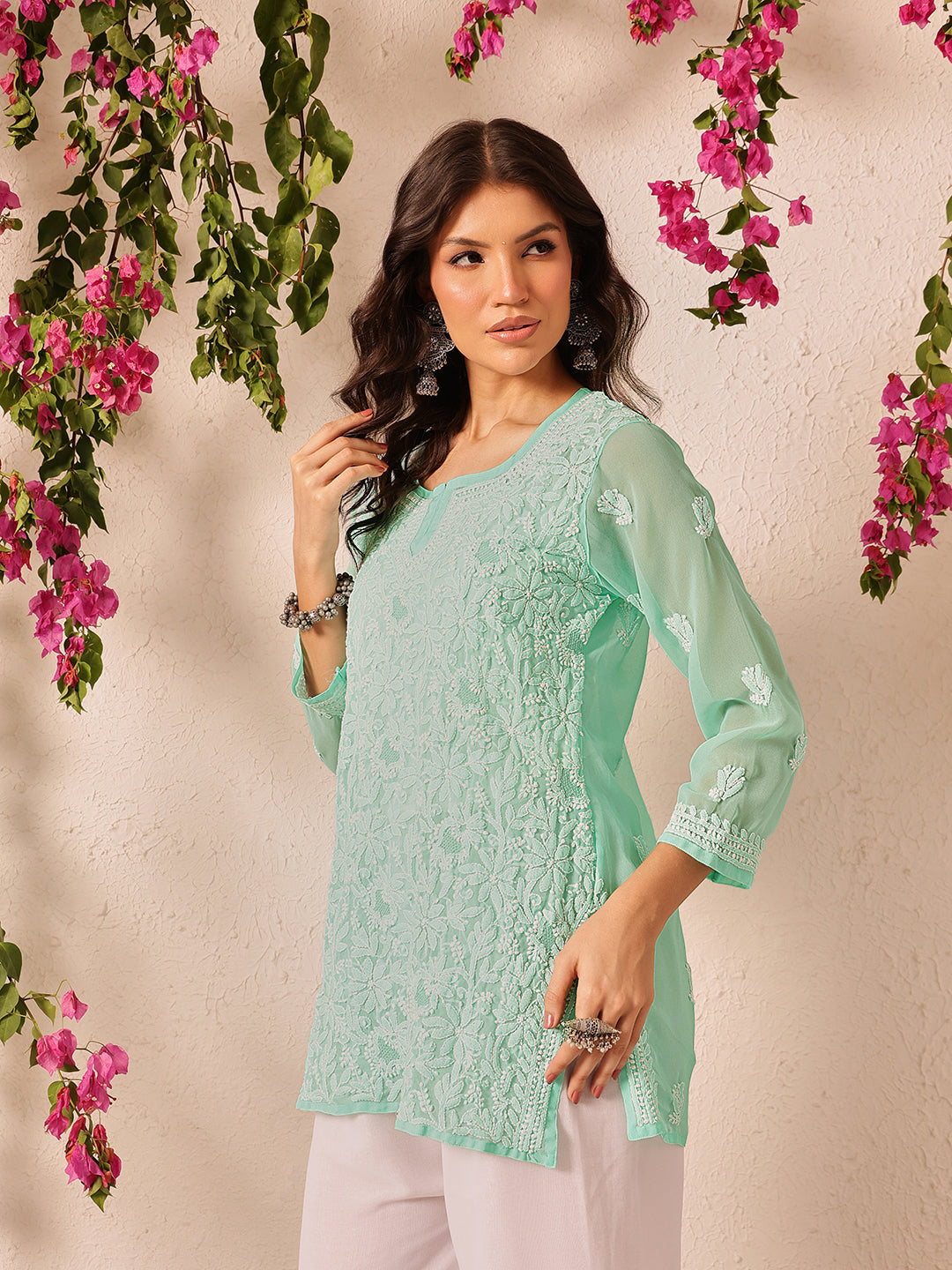 Sea-green-Poly-Georgette-Lucknowi-Chikankari-Short-Kurta-ONLY
