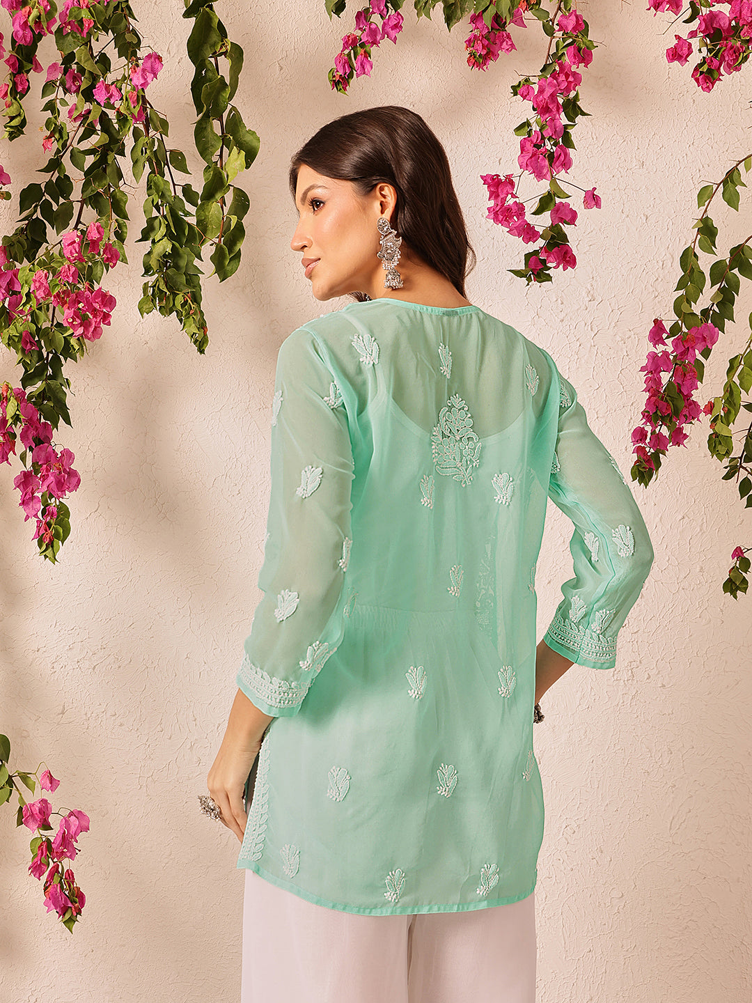 Sea-green-Poly-Georgette-Lucknowi-Chikankari-Short-Kurta-ONLY