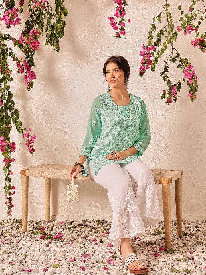 Sea-green-Poly-Georgette-Lucknowi-Chikankari-Short-Kurta-ONLY
