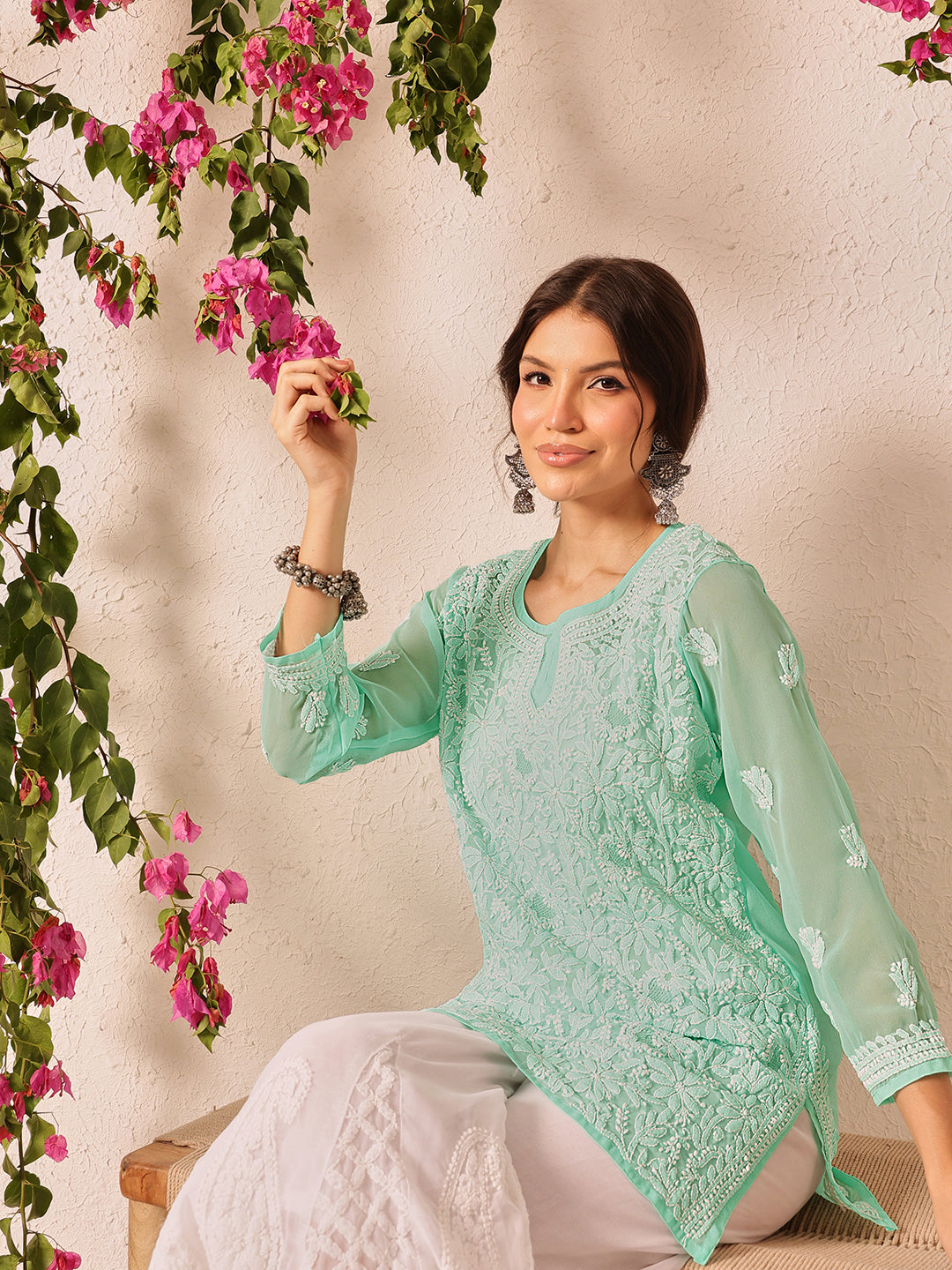 Sea-green-Poly-Georgette-Lucknowi-Chikankari-Short-Kurta-ONLY