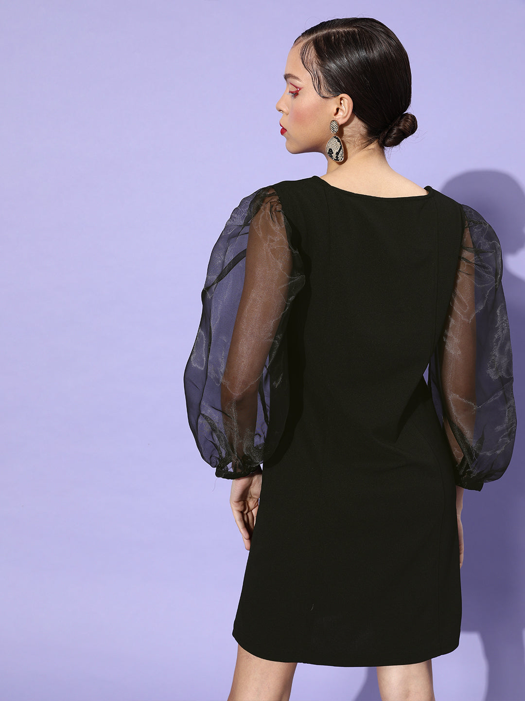 Sheer-Black-Organza-&-Polyester-Sleeve-Bodycon-Dress