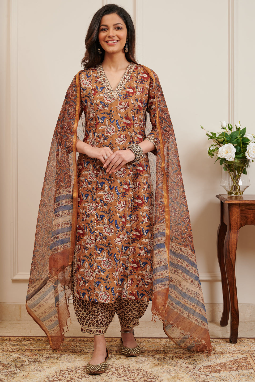 Brown Hand Block Printed Kota Doria Dupatta