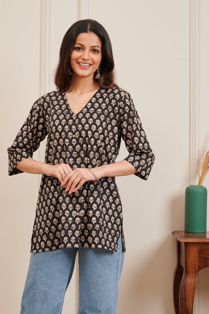 Dark Brown Ajrakh Print Cotton Tunic Top