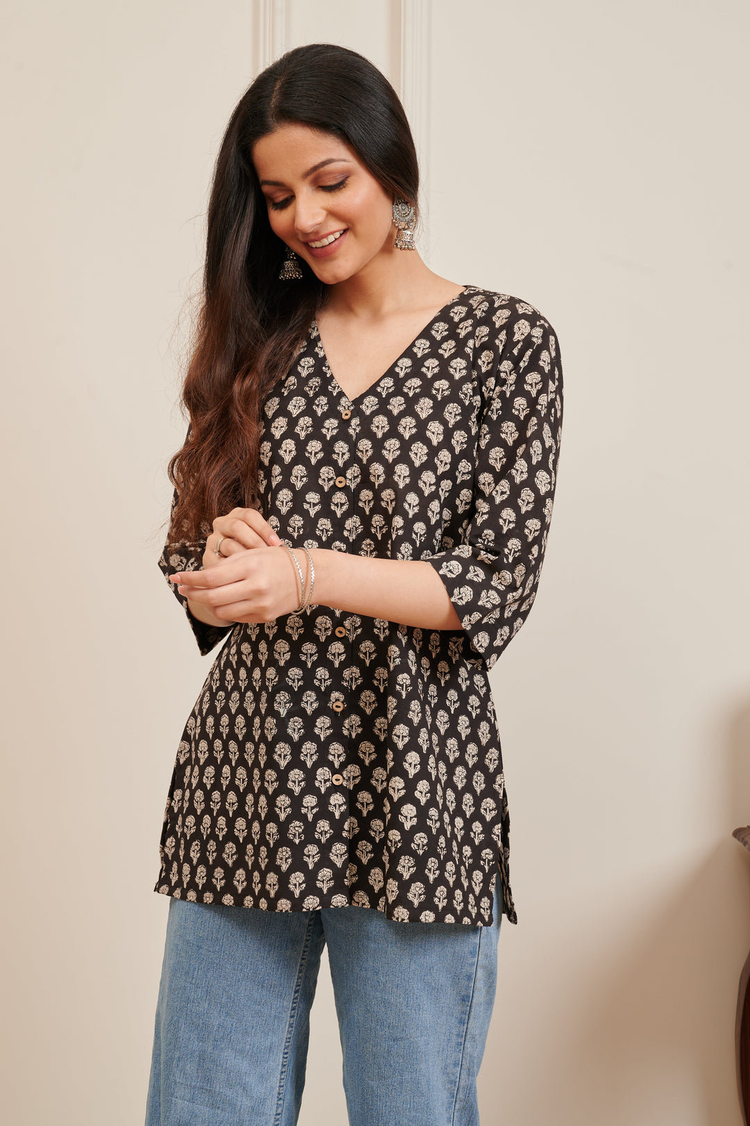 Dark Brown Ajrakh Print Cotton Tunic Top