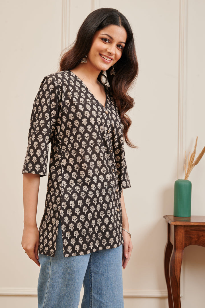 Dark Brown Ajrakh Print Cotton Tunic Top