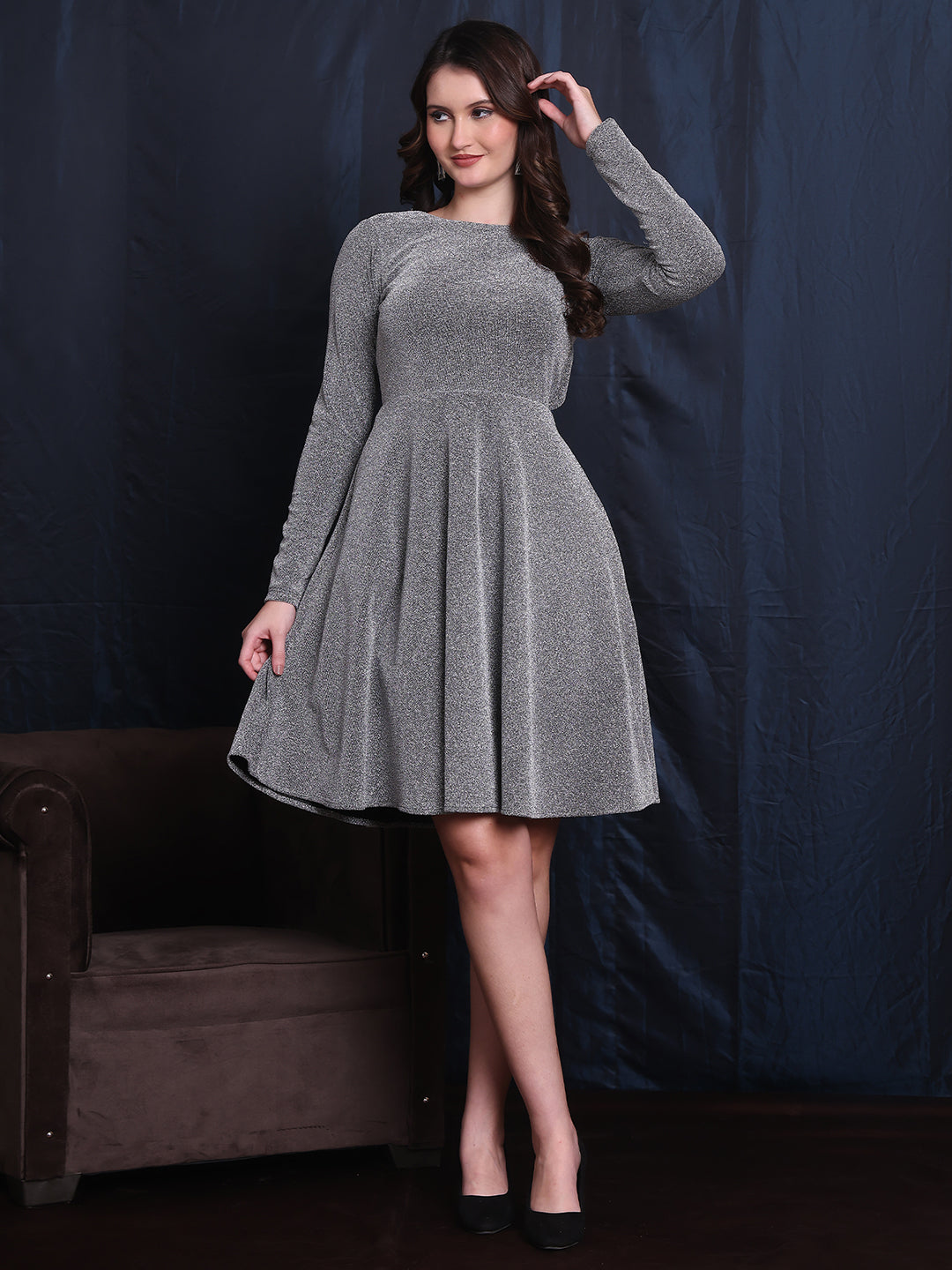 Silver-Spandex-Glitter-Backless-A-Line-Comfort-Midi-Dress