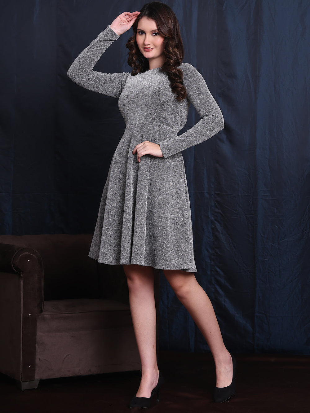 Silver-Spandex-Glitter-Backless-A-Line-Comfort-Midi-Dress