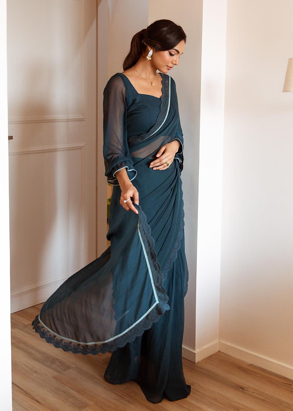 Sitara-Teal-Blue-Chiffon-Pre-Draped-Saree