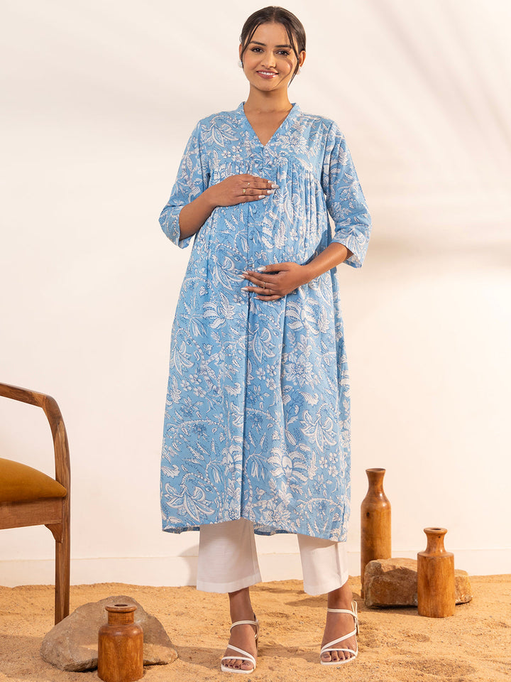 ZERESOUQ-Sky-Blue-Cotton-A-Line-Maternity-Kurta