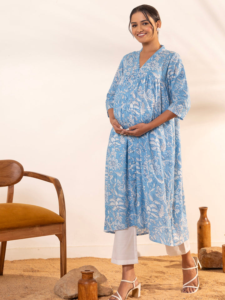 Sky-Blue-Cotton-A-Line-Maternity-Kurta