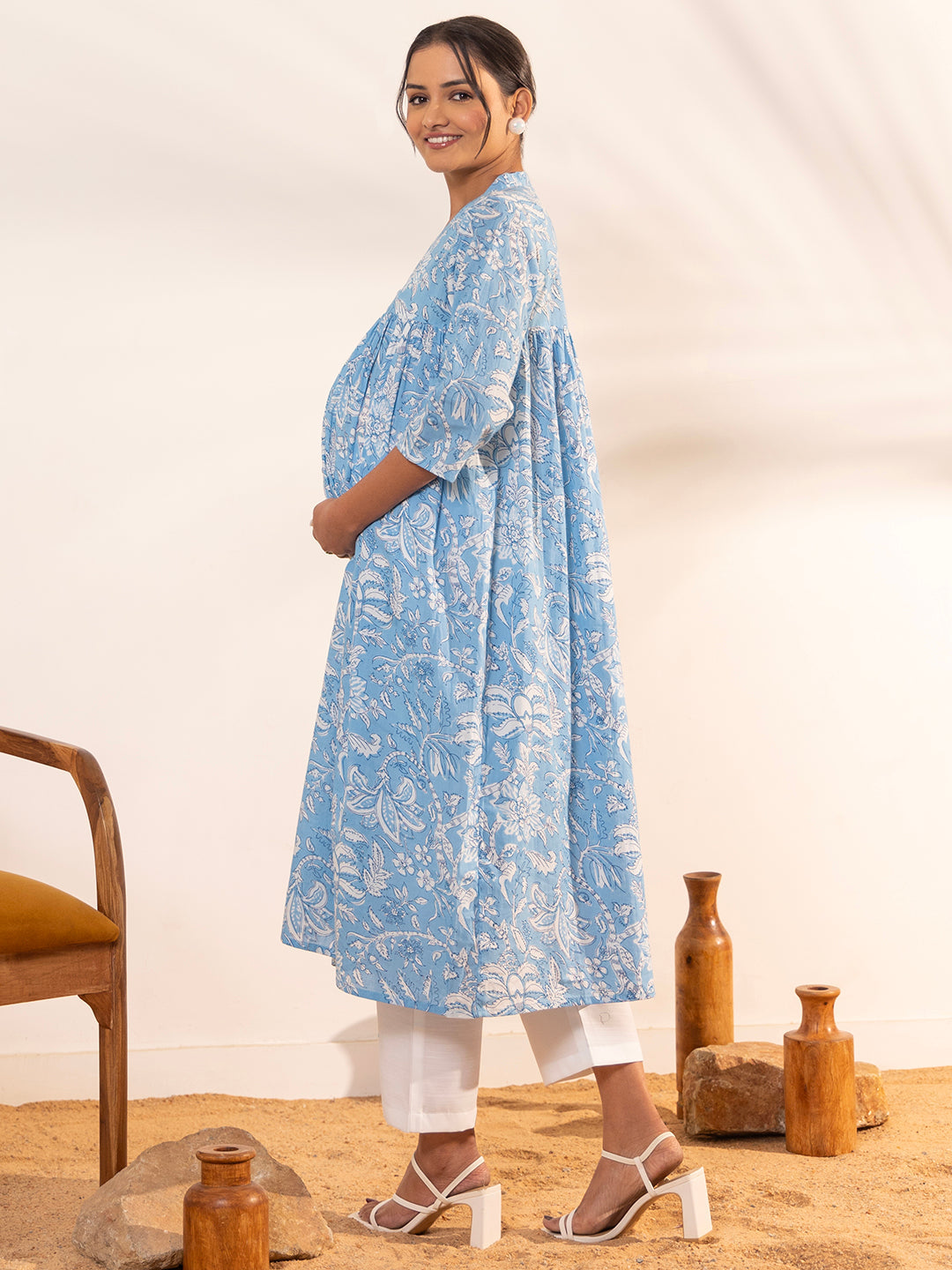 ZERESOUQ-Sky-Blue-Cotton-A-Line-Maternity-Kurta