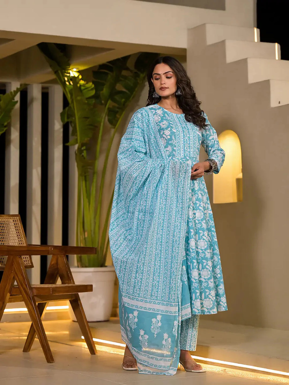 Sky-Blue-Cotton-Floral-Printed-Sequins-Work-Anarkali-Set