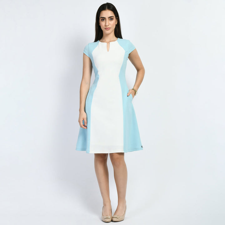 Sky-Blue-Cotton-Blend-Blocked-Sculpt-A-Line-Dress