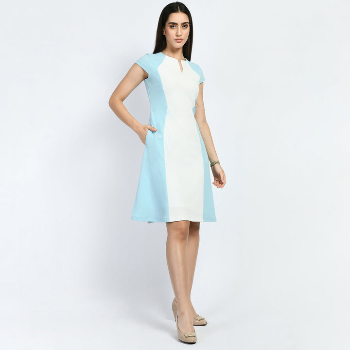 Sky-Blue-Cotton-Blend-Blocked-Sculpt-A-Line-Dress