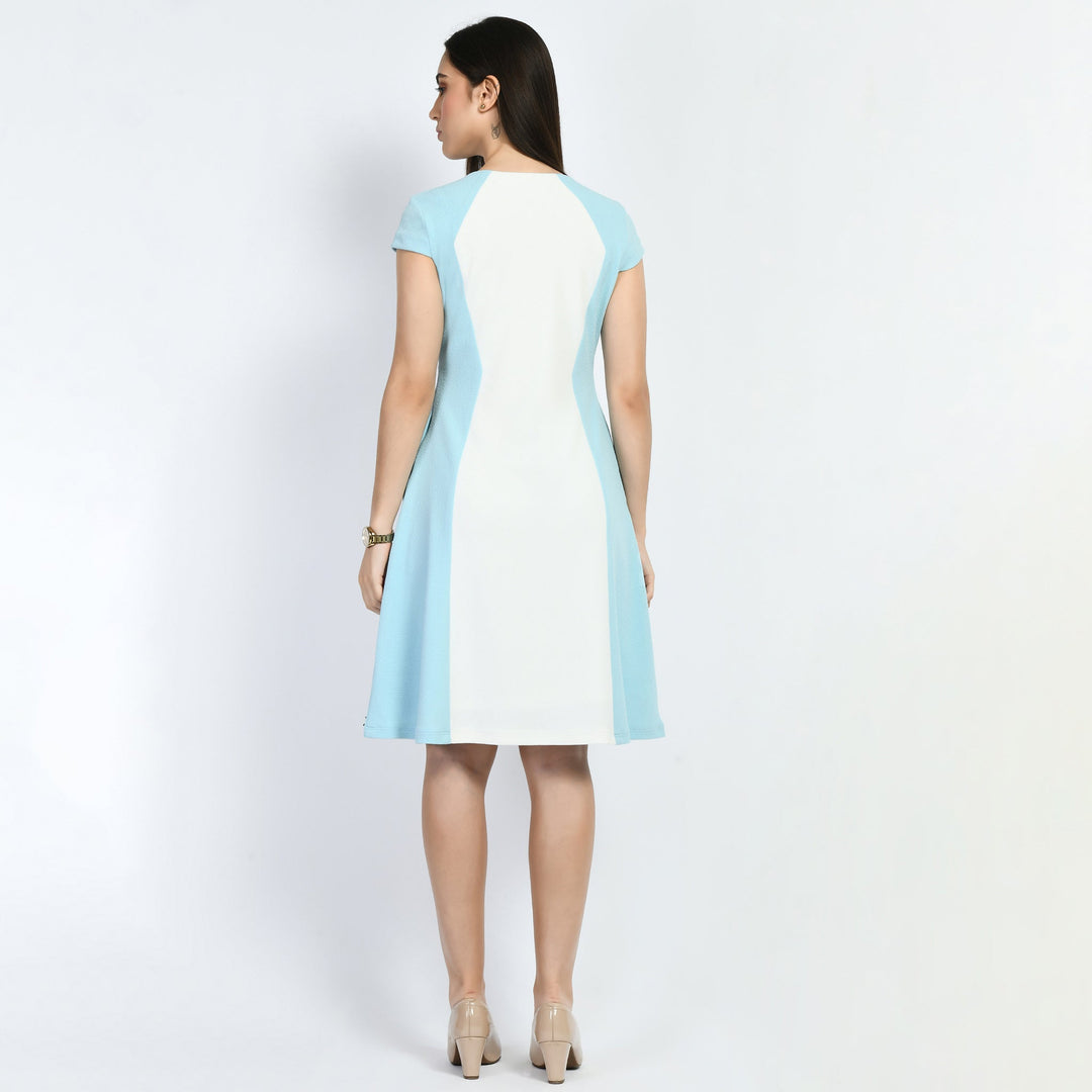 Sky-Blue-Cotton-Blend-Blocked-Sculpt-A-Line-Dress