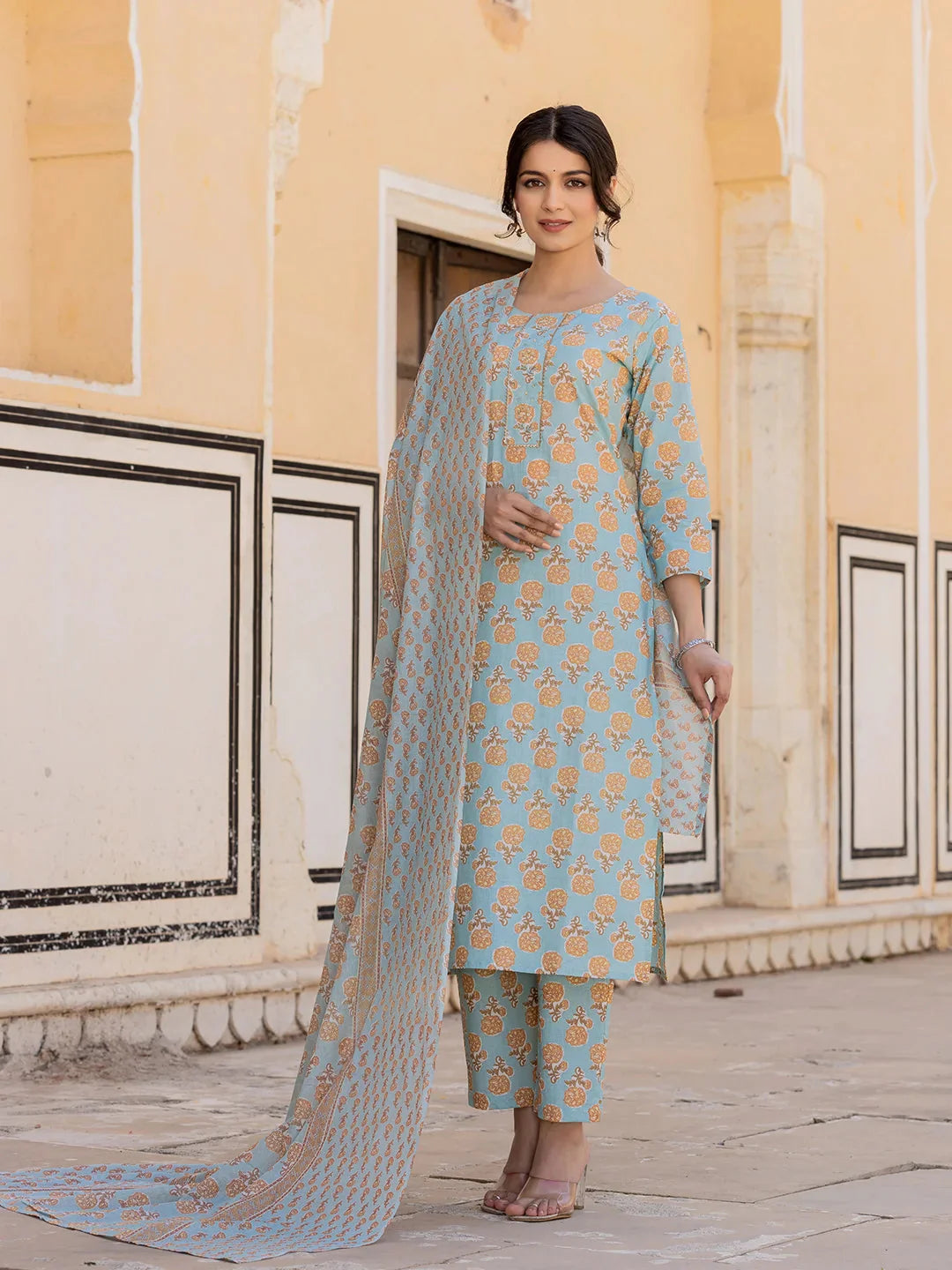 Sky-Blue-Floral-Print-Sequins-Work-Straight-3-Piece-Kurta-Set