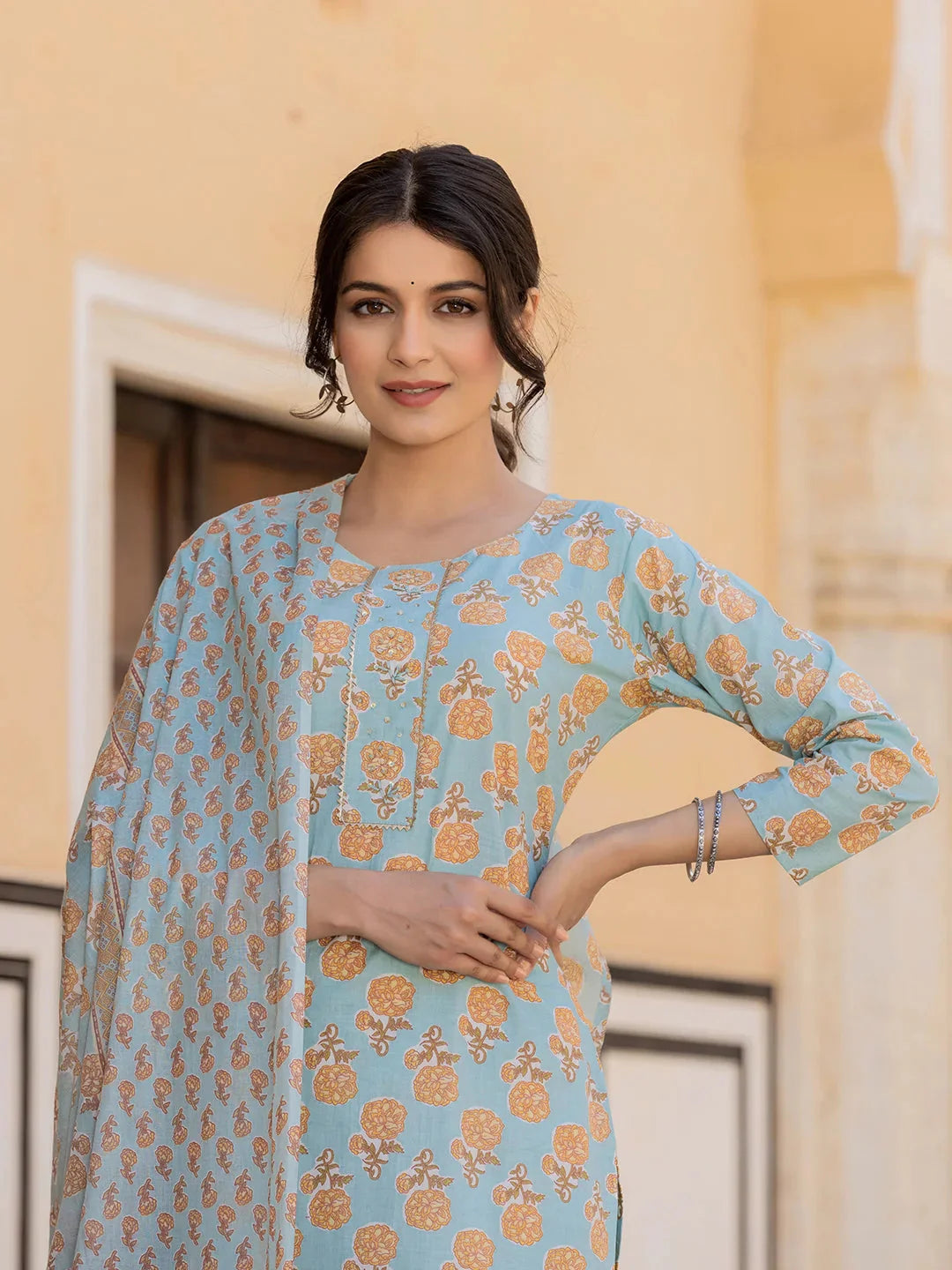 Sky-Blue-Floral-Print-Sequins-Work-Straight-3-Piece-Kurta-Set