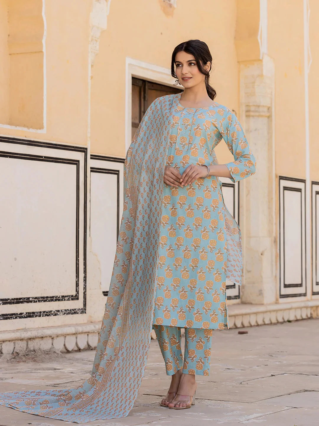 Sky-Blue-Floral-Print-Sequins-Work-Straight-3-Piece-Kurta-Set