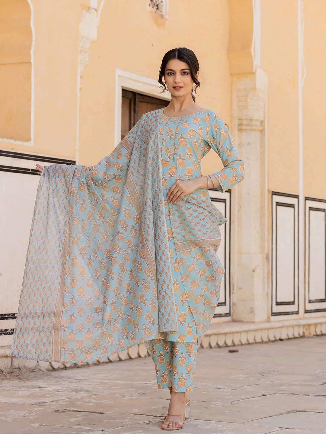 Sky-Blue-Floral-Print-Sequins-Work-Straight-3-Piece-Kurta-Set