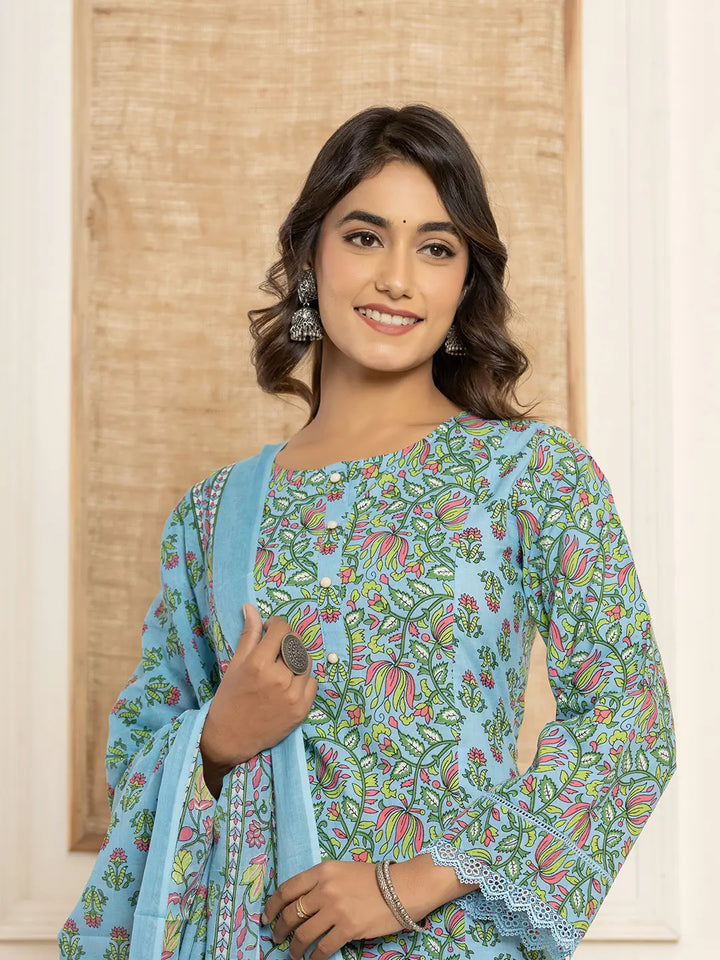 Sky-Blue-Cotton-Leaf-Print-Pakistani-Style-3-Piece-Kurta-Set