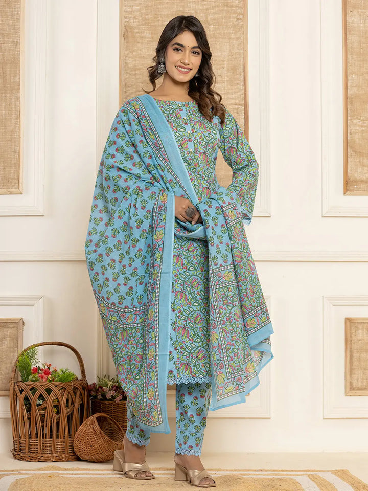 Sky-Blue-Cotton-Leaf-Print-Pakistani-Style-3-Piece-Kurta-Set