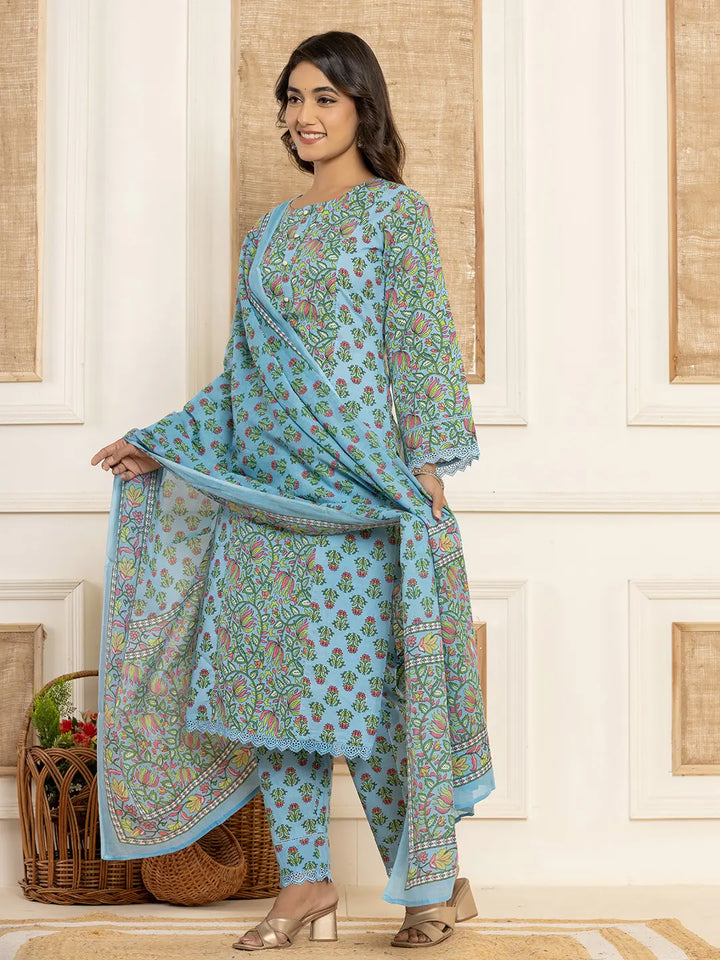 Sky-Blue-Cotton-Leaf-Print-Pakistani-Style-3-Piece-Kurta-Set