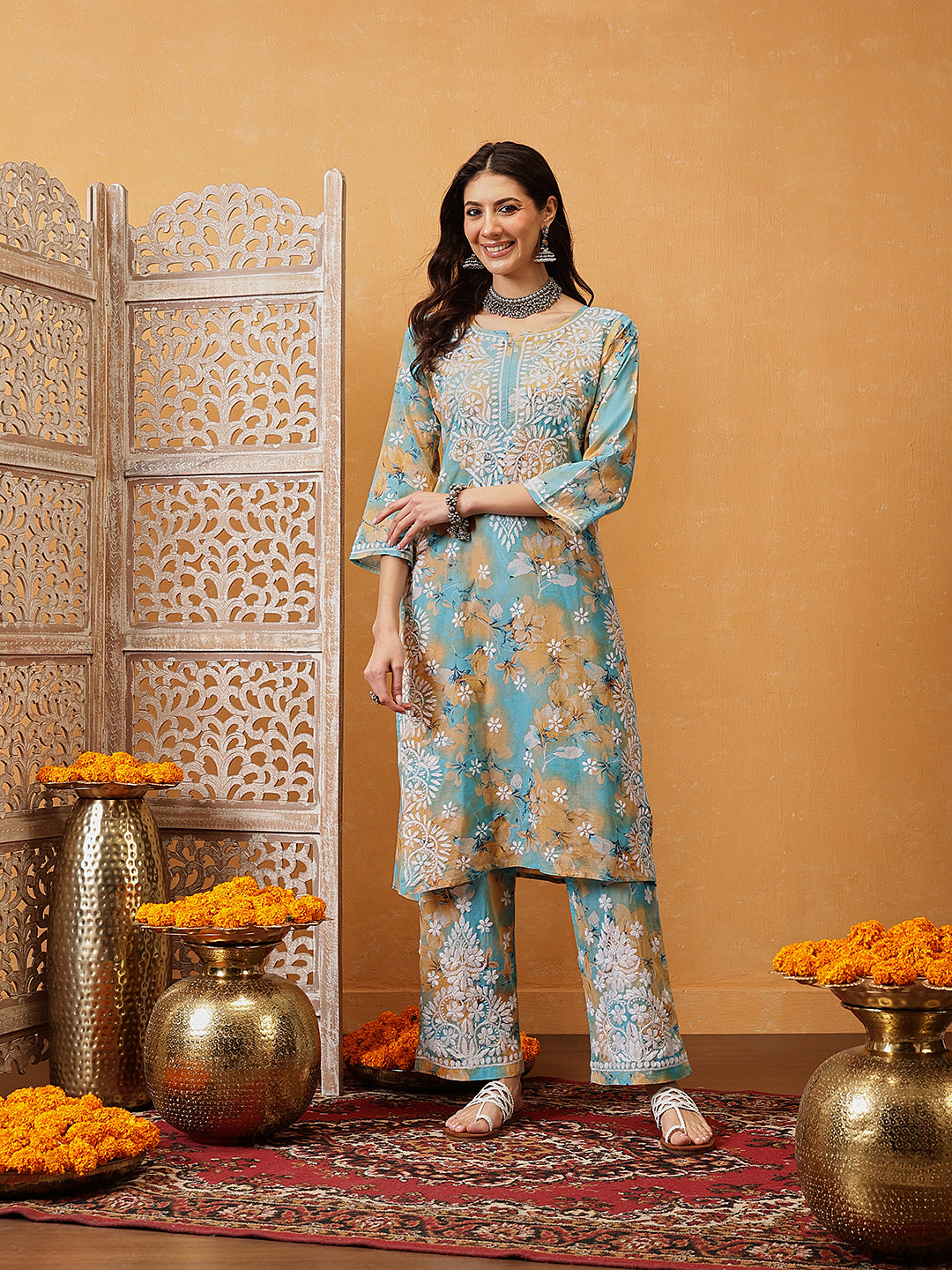 Sky-Blue-Cotton-Lucknowi-Chikankari-Printed-Kurta-Set