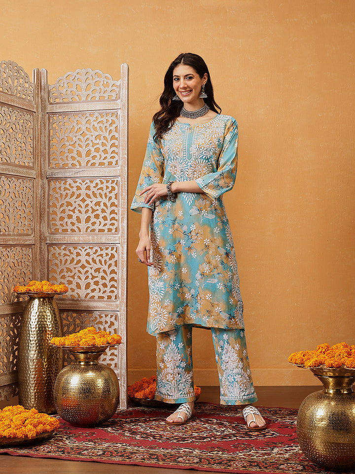 Sky-Blue-Cotton-Lucknowi-Chikankari-Printed-Kurta-Set